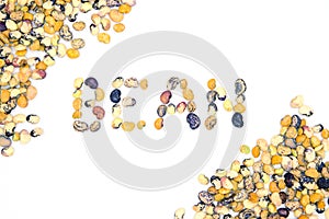 Bean word scattered on white background. Kidney bean ornament flat lay. Nutritive dish ingredient package template