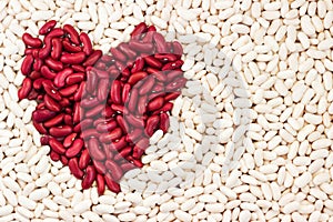 Beans background. Heart of red beans on a background of white beans. Legume love background