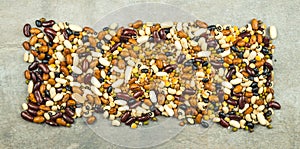 Beans of bean. Background of many grains of dried beans. Brown beans texture. Food background