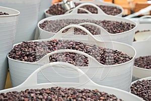 Beans in big bags in a market for sale