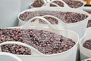 Beans in big bags in a market for sale