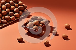 Beans of chocolate on solid background, Generative AI