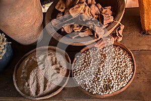 Beans, grains on wooden bowls on display