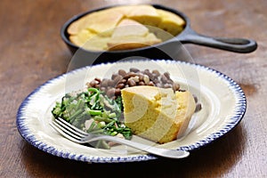 Beans and greens with cornbread, southern cooking photo