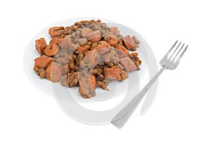 Beans and hot dogs on a plate with a fork