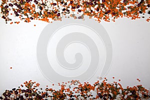 Beans, lentils, mung bean, peas are laid out on a white wooden background at the top and bottom. Concept - vegetarian food and