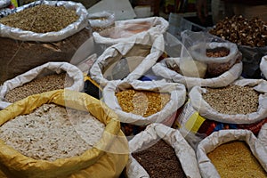 Beans and Pulses etc on Stall at Fruit and Vegetable Market, Municipal Market, Panaji, Goa, India