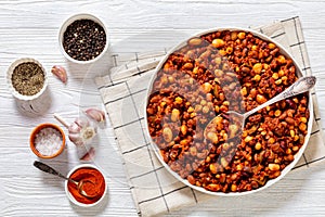 Beans and Sausage bake in baking dish, top view