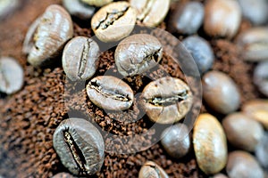 beans, seeds and grind coffee of the Coffea plant and the source for coffee. It is the pip inside the red or purple fruit often