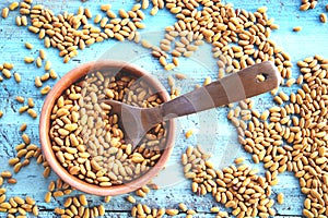 Beans on the table bakground in bowl with spoon