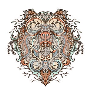 Bear with abstract floral ornament. Tattoo art