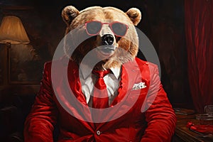 bear animal in the form of a man in a suit , a good leader, the boss, director