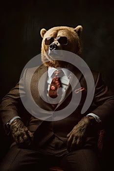 bear animal in the form of a man in a suit and sunglasses, a good leader, the boss, director, generative ai