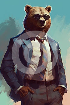 bear animal in the form of a man in a suit and sunglasses, a good leader, the boss, director, generative ai