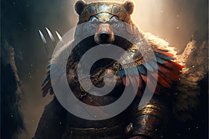 Bear animal portrait dressed as a warrior fighter or combatant soldier concept. Ai generated photo
