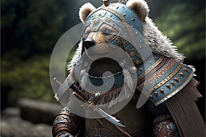 Bear animal portrait dressed as a warrior fighter or combatant soldier concept. Ai generated