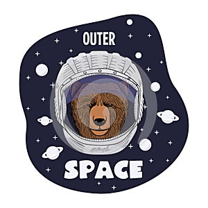Bear astronaut outer space, hand drawn vector animal illustration, for t-shirt and other uses.