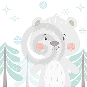 Bear baby winter print. Cute animal in snowy forest christmas card.