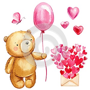 Bear with balloon, butterfly and valentine day letter, watercolor illustration isolated background. Envelope with hearts
