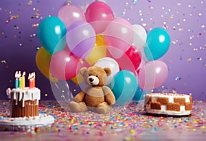bear balloons cake birthday candles teddy colourful background confetti party toy gift childhood present balloon celebration