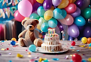 bear balloons cake birthday candles teddy colourful background confetti party toy gift childhood present balloon celebration