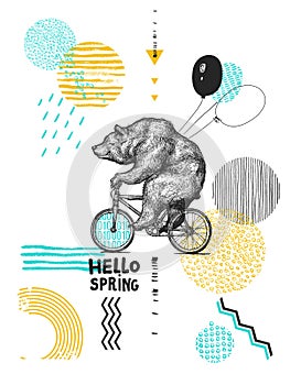 Bear with Balloons Rides Bicycle. Wearing Facial Mask. Hello. Spring Sarcasm Poster. T-shirt Print. Vintage Mascot Cute photo