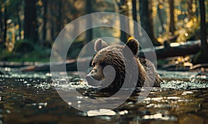 Bear bathing in a river cool water