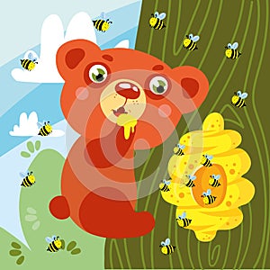 Bear and Bees on Tree Funny Kid Graphic Illustration
