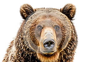 A bear with a big nose and brown fur is staring at the camera on a white background