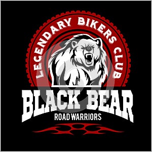 Bear bikers club tee print vector design. T-shirt emblem.