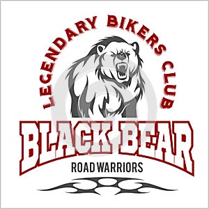 Bear bikers club tee print vector design. T-shirt emblem.