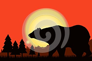 Bear black silhouette on background of the sunset and mountain landscape - rock, woods, forest. Vector.