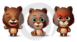 Bear brown animals character vector set. Grizzly bears animal kids characters in sitting and standing pose and gestures.