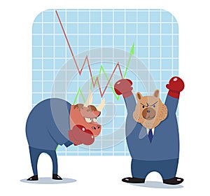 Bear and bull cartoon ready to fight in stock market