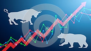Bear and bull on a chart, with arrows going up. Stock market concept bull and bear