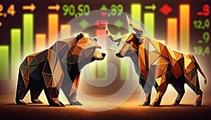 A Bear and Bull Facing Each Other in Front of a Stock Chart. Concept Market Volatility
