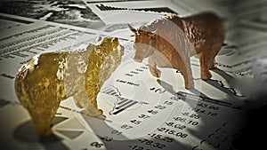 Bear and bull figures on economy newspaper pages. 3D illustration