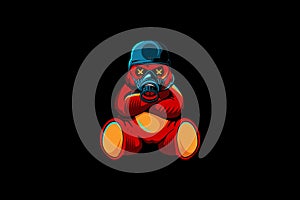 Bear cartoon with gas mask and soldier helmet vector