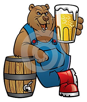 Bear cartoon lean on the barrel and presenting the beer