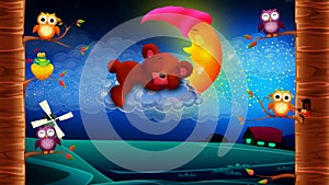 Bear cartoon sleeping on clouds, looped video background