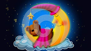 Bear cartoon sleeping on moon, loop video background for lullabies