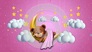 Bear cartoon sleeping on moon, night sky, night fantasy, loop animation backbround.
