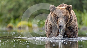 Bear catching salmon in river, leaping fish as bear feasts on fresh catch in natural habitat photo