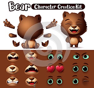 Bear character animals creator vector set. Bears animal characters editable create eyes, mouth and hand kit.