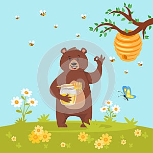 Bear character eating sweet honey