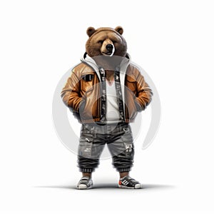 Hyper-realistic Urban Bear In A Brown Jacket With Hip-hop Flair photo