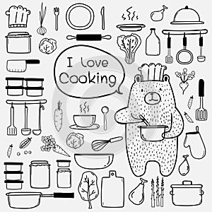 Bear Chef Is Cooking Say `i Love Cooking`. Line Hand Drawn Doodle Vector Cooking Set Include Cooking Equipment & Raw Materials.