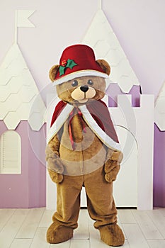 bear costume in christmas outfit for celebration