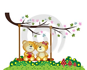 Bear Couple in love sitting on a swing under a tree at the park