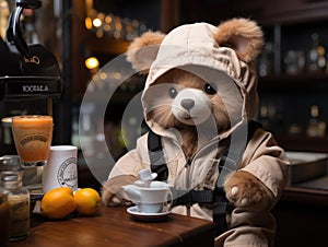 Bear cub barista brewing coffee